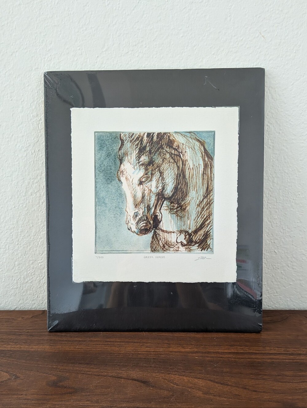 Greek Horse Print Artist Signed Art Matted Ink Watercolor 10"x12"